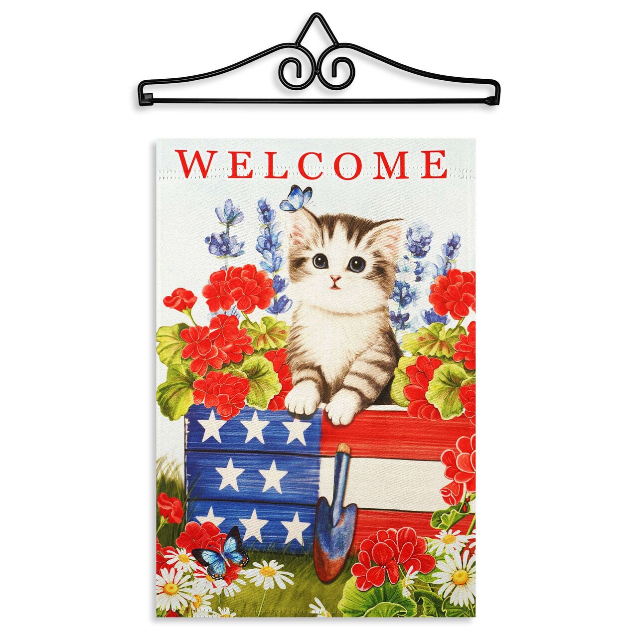 G128 Combo Pack Garden Flag Hanger 14IN & Garden Flag Welcome Kitten Patriotic Printed 12x18IN Double Sided